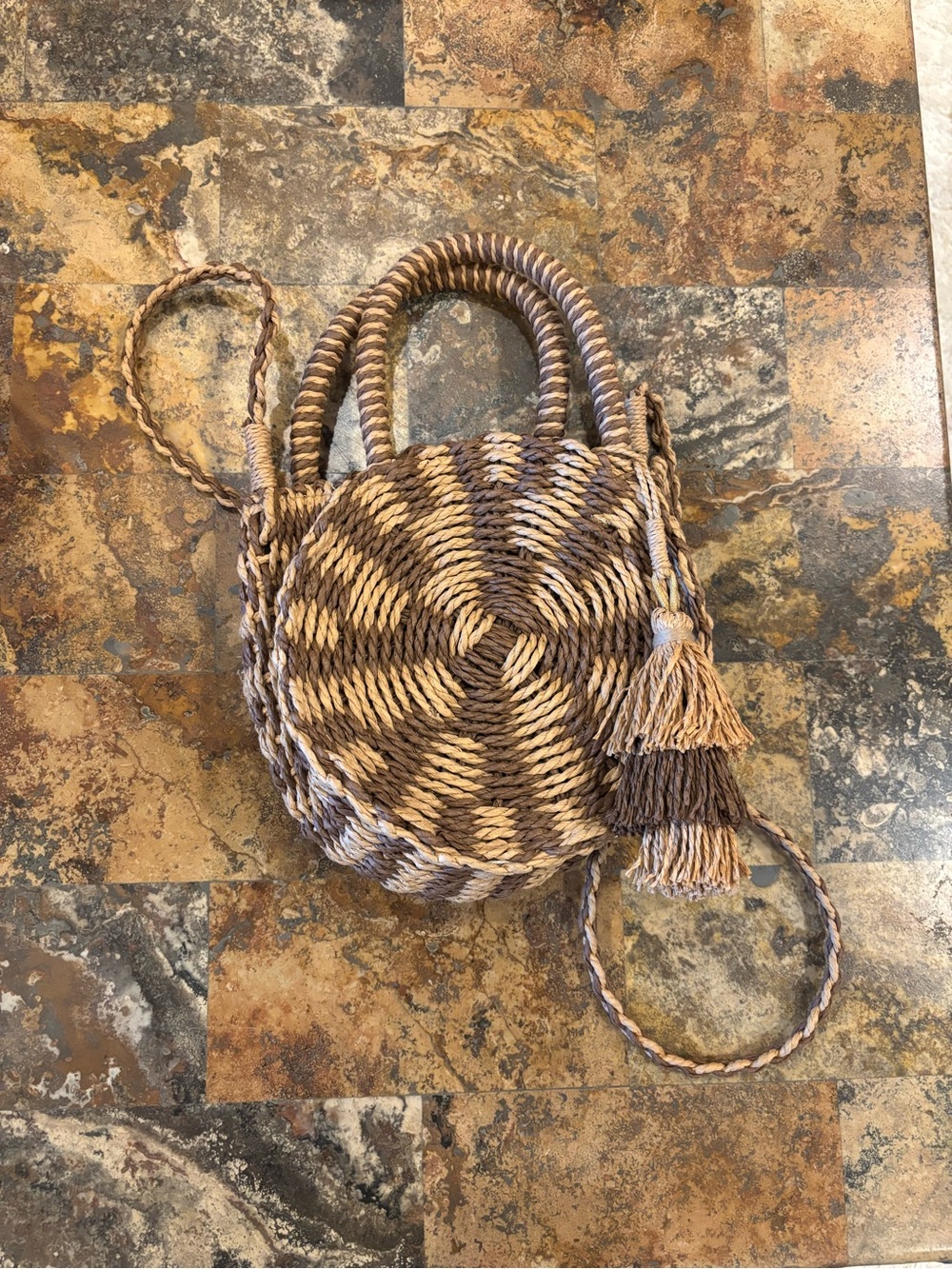 Lucky Brand Woven Round Crossbody Bag in Brown and Tan